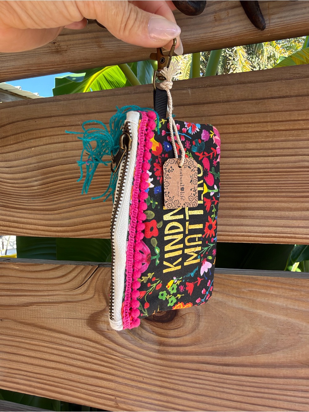 NATURAL LIFE Black Floral Zip Wristlet with Pink Trim & Teal Tassel